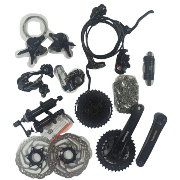 GRUPO SHIMANO ALTUS DISCO HYD 2-9VEL RD-M202, BL/BR-MT200, CON DESCARRILADOR SUNRACE